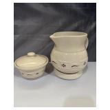 Longaberger pottery pitcher and small lidded cand