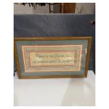 framed vintage cross-stitch wall art features an