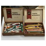 2 wooden cigar boxes, advertising pens & pencils