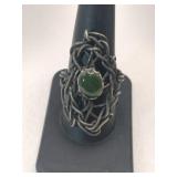 Silver wire ring Tangled branch greenstone
