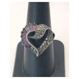 silver purple /clear heart ring marked 925. Size