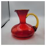 Blenko amberina and red blown glass pitcher 6in