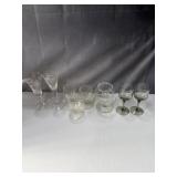 Assortment of etched glasses, small wine goblets,
