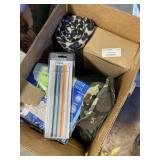 Army jungle hat, straws for tumblers, blanket and