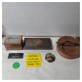 Wood box with airplane, metal trinket box, wood