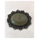 Silver cracked green cabochon center brooch