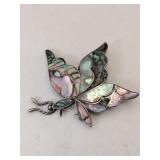 Silver shell inlay butterfly brooch marked 925.