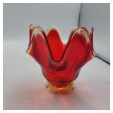 Viking red blown glass ruffled dish 5in tall and
