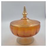 Carnival glass covered candy dish 6.5in tall