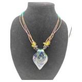 Three tier beaded glass pendant necklace