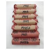 7 rolled wheat pennies mixed years