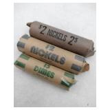 2 rolls of nickels 1 roll of Dimes mixed years