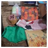 Longaberger basket, pumpkin tablecloth and
