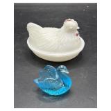 Blue swan & milk glass hen-on-nest covered dish