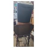 Small wooden ice chest table with paper shredder