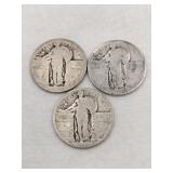 3 silver standing liberty quarters w/