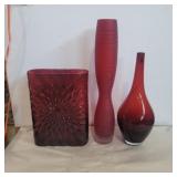 3 red glass vases 10in, 12in, 16in tall