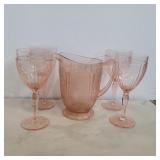 Pink depression cherry blossom pitcher and wine