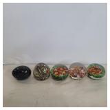 4 art glass paperweights 2inch tall and 1 marble