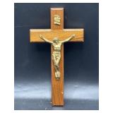 8' wooden and brass wall crucifix