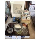 Purdue clock, Pyrex, tin box, tea set, and more