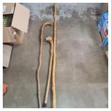 3 hand made walking sticks and cane 36in, 53in,
