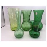 Five variety of green flower vases. 7 inches
