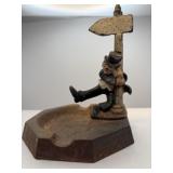 Vintage cast-iron man holding on a post sign.