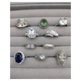 10  silvertone costume jewelry rings