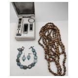 Brown beaded necklace, bluestone bracelet