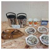 Wood serving dish, vintage mugs , plates and more