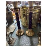 2 brass and wood 14 1/2 inch candle holders