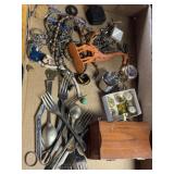 Miscellaneous jewelry, silver plate, wooden box,
