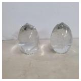 2 etched crystal egg paperweights 4.5in