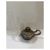 Octagonal pewter oil lamp base with glass shade