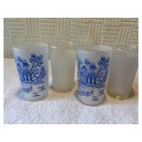 Four frosted tumblers, two blue Willow two