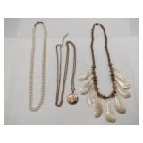 Mother of pearl shell wooden necklace gold tone