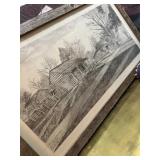 Original pencil drawing of log cabin stores in