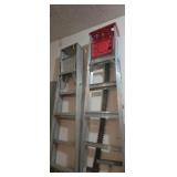 2 aluminum ladders 6ft saw and rake