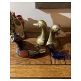 2 brass duck head book ends. Blue glass bird