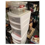 2 Sterilite plastic shelves, including contents