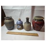 Lamp, covered jar, 2 vases signed