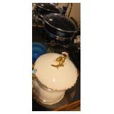 Satin blue pedestal bowl , bell, Chantal chafing