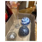 3 hand-blown art glass spheres and decorative