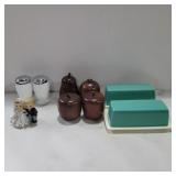 Plastic butter dish, white glass salt and pepper,