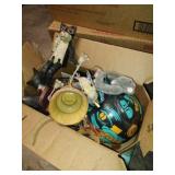 Box of assorted whimsical cat items: metal, wood,
