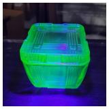 Uv green depression glass refrigerator dish 3in