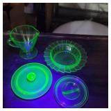 Uv green depression glass creamer, dish, 2 lids