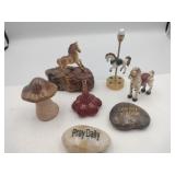 Horse figurines, rocks , blown glass pottery