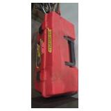 Plastic tool box with large c clamps and bits